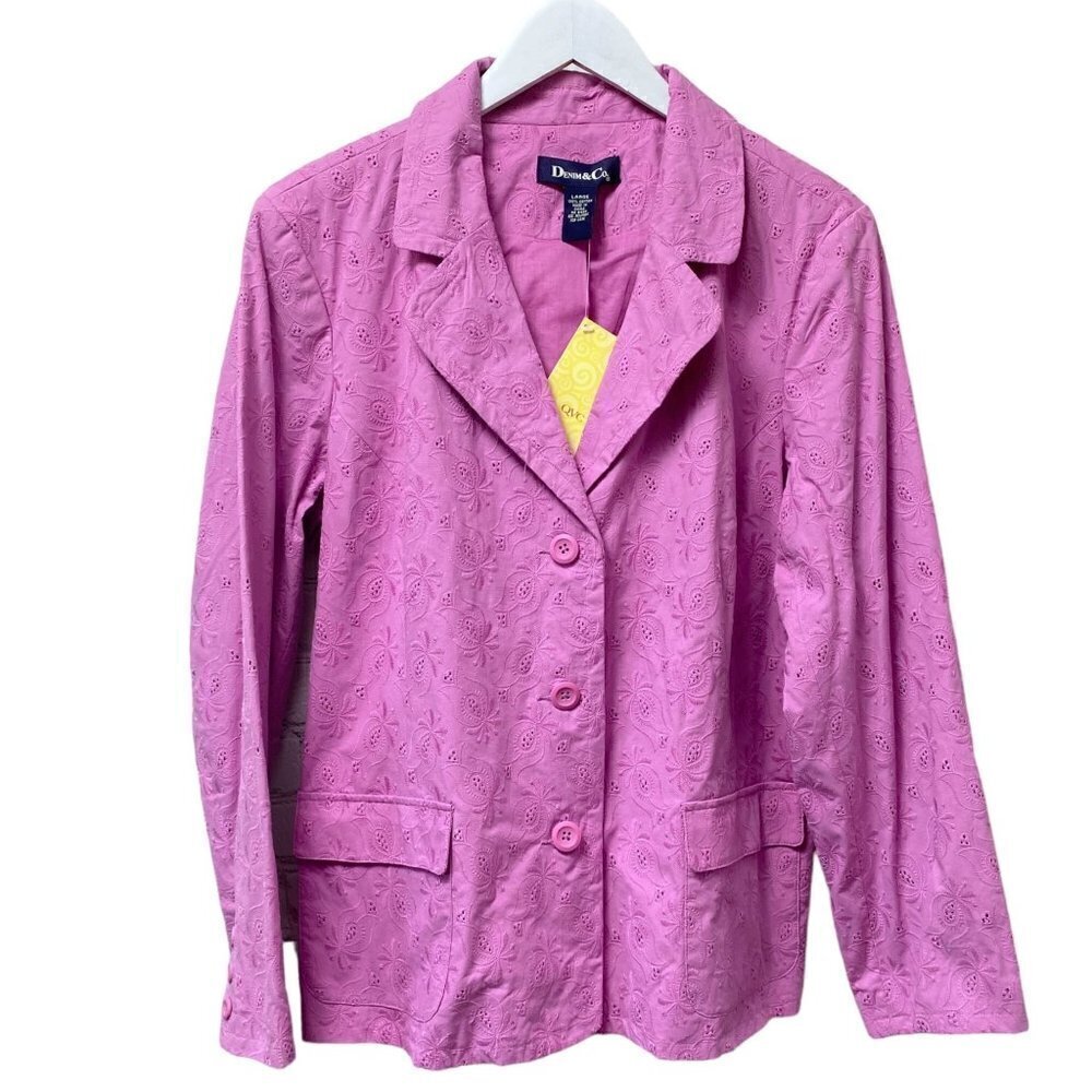 DENIM & CO. Jacket Size Large Purple Lilac Embroidered Blazer Cotton NWT